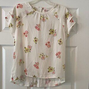 Loft White Pink Floral Blouse Flutter Sleeve Size Small Excellent Condition